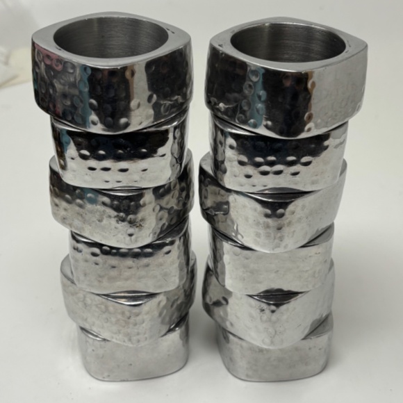 Set of 12 Pewter Metal Napkin Rings Hammered Style Square with Large Round Hole - Picture 2 of 7